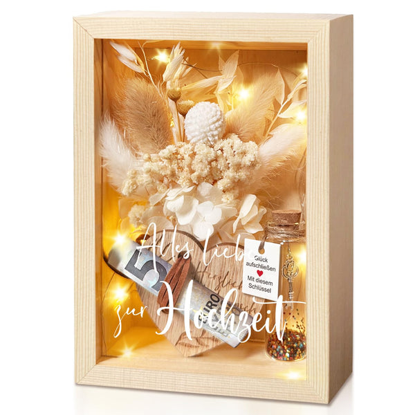 Hochzeitsgeschenke für Brautpaare, Geldgeschenke Hochzeit, Liebes Romantisches Geschenk Für Sie,inklusive Ewige Blumen, Holzbox, Kunststoff Reagenzglas, Lichterketten, Schlüssel Geschenkbox
