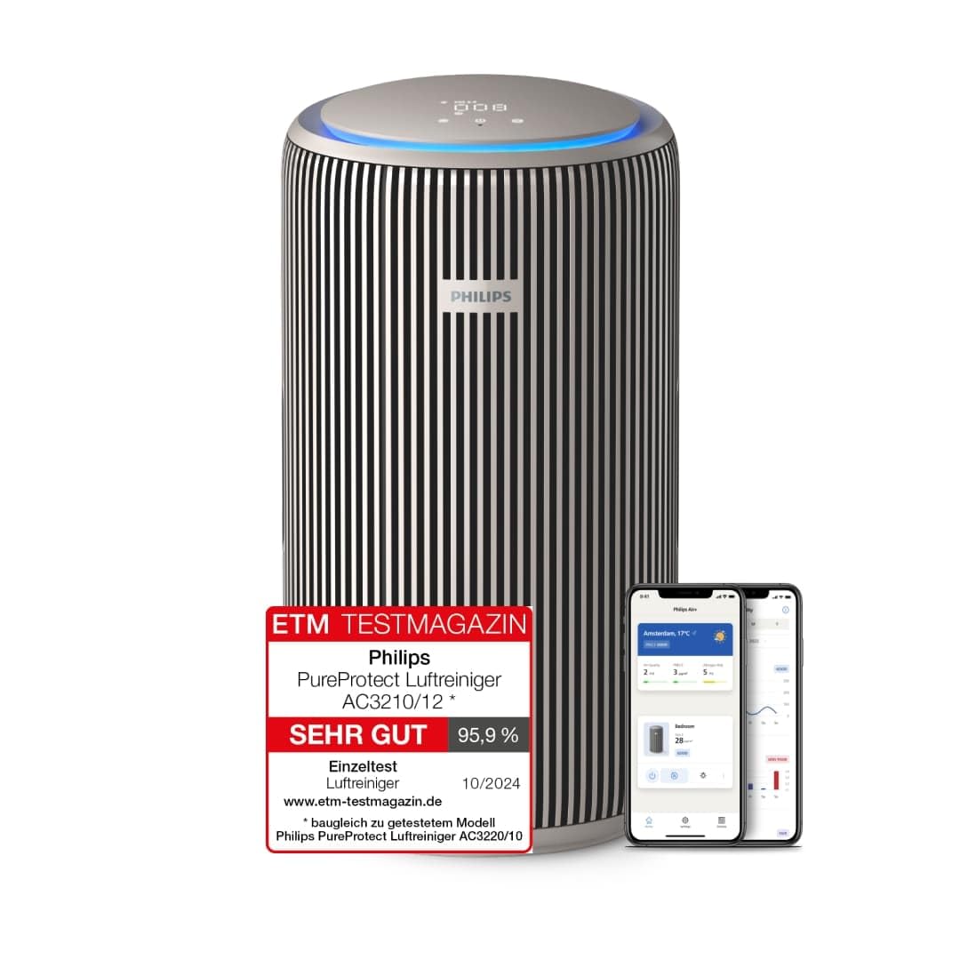 Philips PureProtect 3200 Serie: Intelligenter Luftreiniger, HEPA- und Aktivkohlefilter, CADR 500 m³/h für 130 m², besonders leise und energieeffizient, erfasst 99,97% Allergene (AC3210/12)
