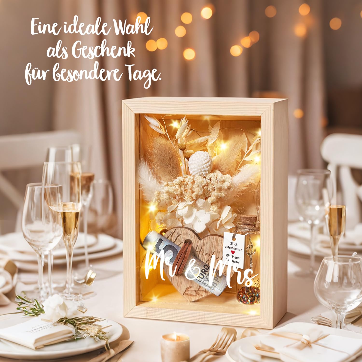 Hochzeitsgeschenke für Brautpaare, Geldgeschenke Hochzeit, Liebes Romantisches Geschenk Für Sie，inklusive Ewige Blumen, Holzbox, Kunststoff Reagenzglas, Lichterketten, Schlüssel Geschenkbox
