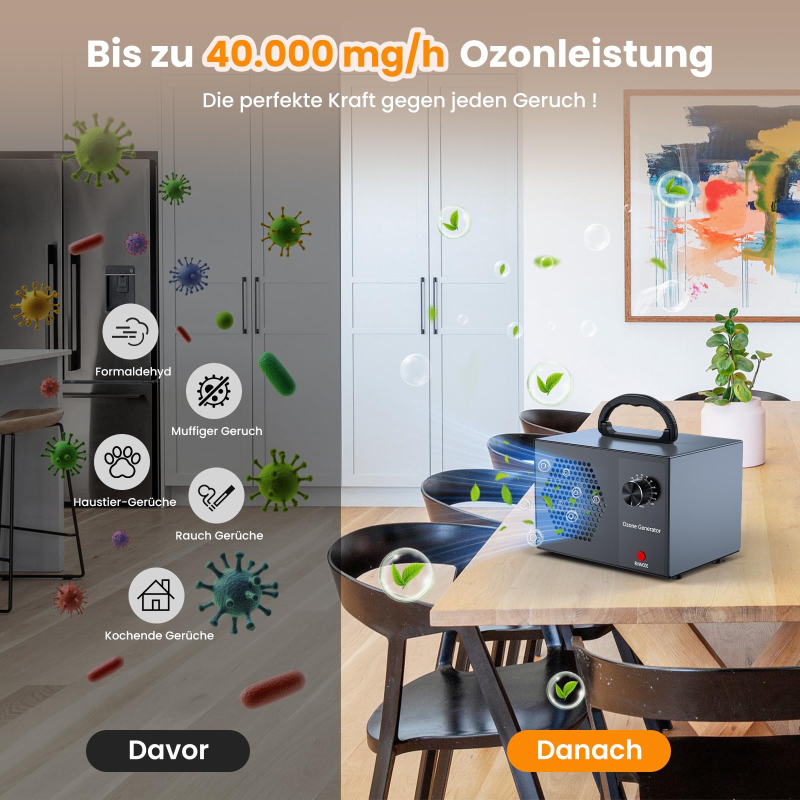 Ozongenerator 40000mg/h Ozongerät, Ozonisator Industrieller O3 Ozon Luftreiniger mit 120 Min Timer für 300㎡,Ozone Generator für Auto Wohnung Garagen Raum Hotels Küche Haustiere, Reinigen Gerüche