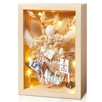Hochzeitsgeschenke für Brautpaare, Geldgeschenke Hochzeit, Liebes Romantisches Geschenk Für Sie，inklusive Ewige Blumen, Holzbox, Kunststoff Reagenzglas, Lichterketten, Schlüssel Geschenkbox