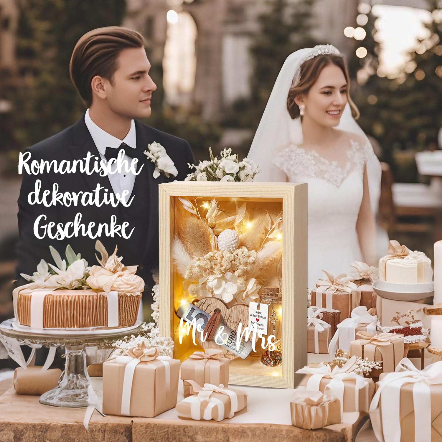 Hochzeitsgeschenke für Brautpaare, Geldgeschenke Hochzeit, Liebes Romantisches Geschenk Für Sie，inklusive Ewige Blumen, Holzbox, Kunststoff Reagenzglas, Lichterketten, Schlüssel Geschenkbox