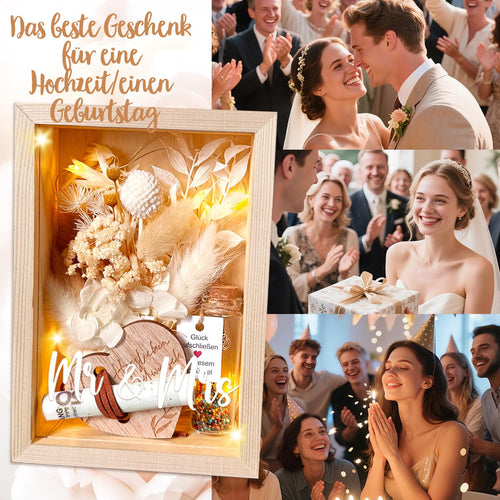 Hochzeitsgeschenke für Brautpaare, Geldgeschenke Hochzeit, Liebes Romantisches Geschenk Für Sie，inklusive Ewige Blumen, Holzbox, Kunststoff Reagenzglas, Lichterketten, Schlüssel Geschenkbox