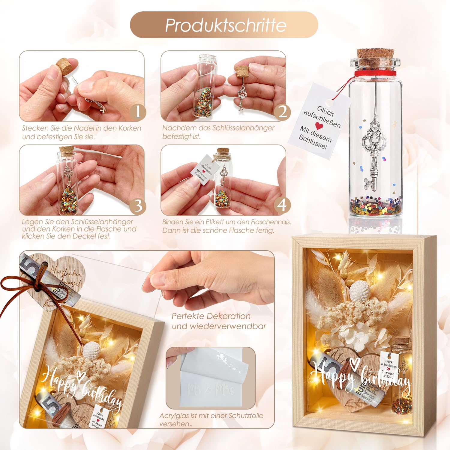 Hochzeitsgeschenke für Brautpaare, Geldgeschenke Hochzeit, Liebes Romantisches Geschenk Für Sie，inklusive Ewige Blumen, Holzbox, Kunststoff Reagenzglas, Lichterketten, Schlüssel Geschenkbox